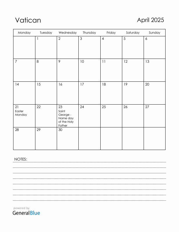 April 2025 Vatican Calendar with Holidays (Monday Start)