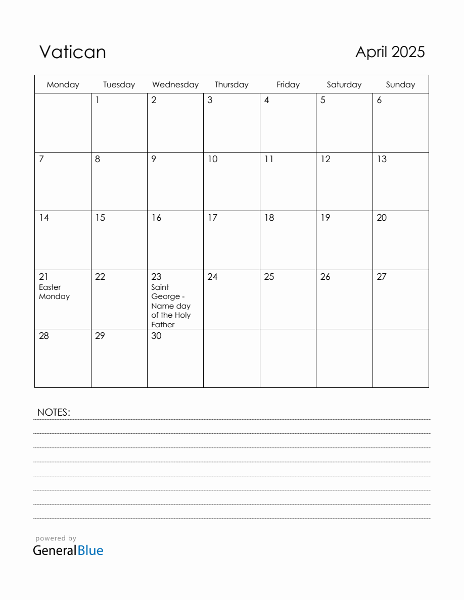 April 2025 Vatican Calendar with Holidays