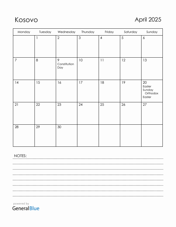 April 2025 Kosovo Calendar with Holidays (Monday Start)