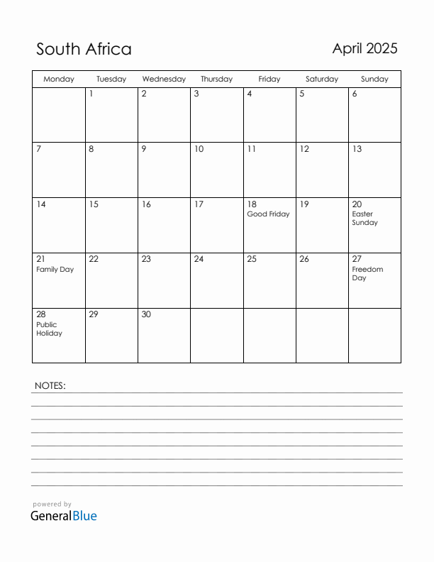 April 2025 South Africa Calendar with Holidays (Monday Start)