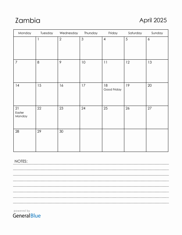 April 2025 Zambia Calendar with Holidays (Monday Start)