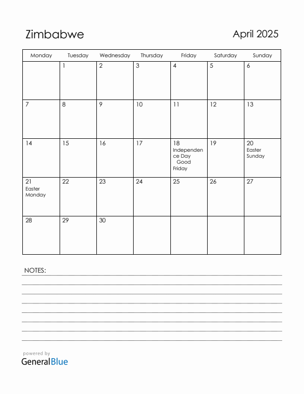 April 2025 Zimbabwe Calendar with Holidays (Monday Start)