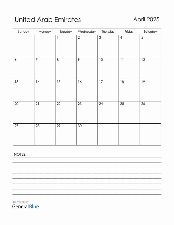 April 2025 United Arab Emirates Calendar with Holidays (Sunday Start)
