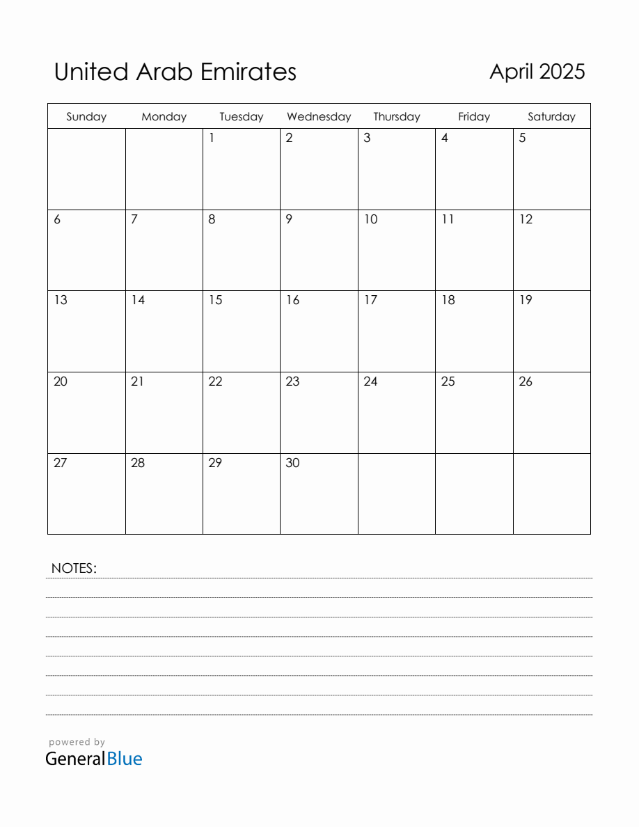 April 2025 United Arab Emirates Calendar with Holidays