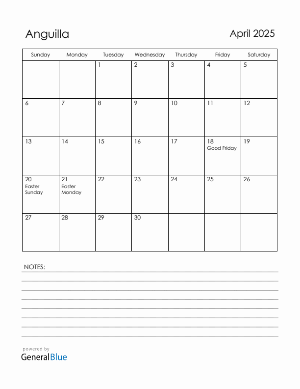 April 2025 Anguilla Calendar with Holidays (Sunday Start)