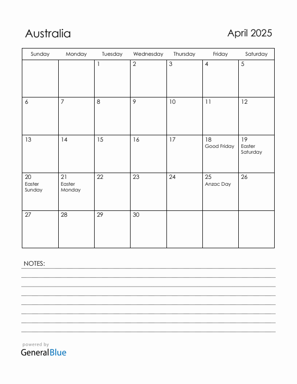 April 2025 Australia Calendar with Holidays (Sunday Start)