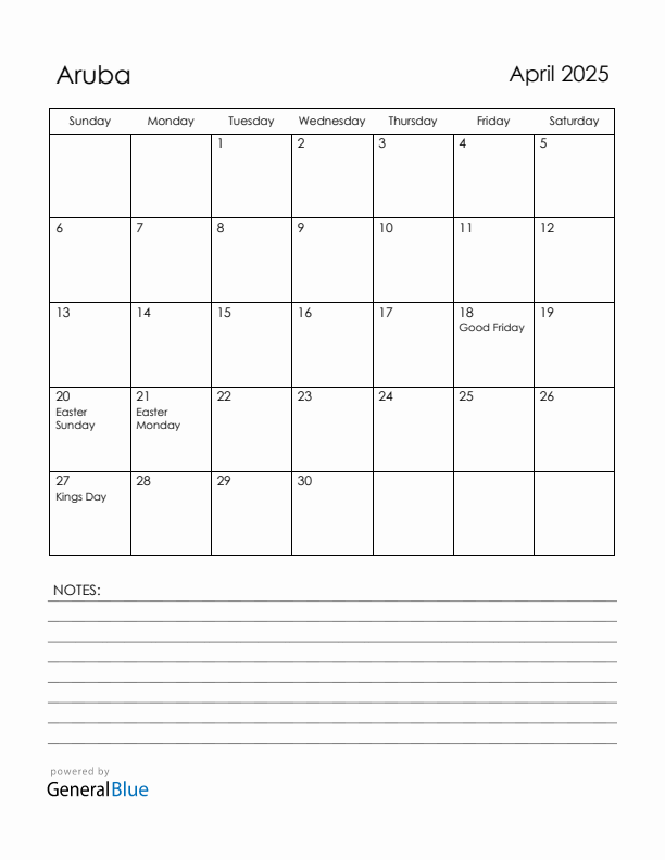 April 2025 Aruba Calendar with Holidays (Sunday Start)