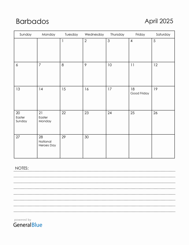 April 2025 Barbados Calendar with Holidays (Sunday Start)