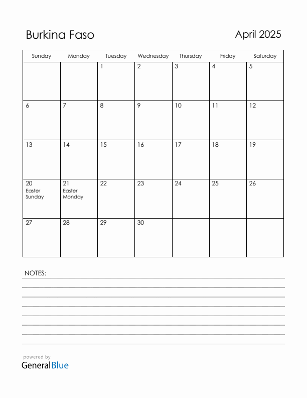 April 2025 Burkina Faso Calendar with Holidays (Sunday Start)