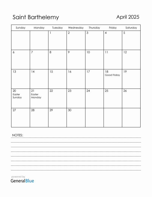 April 2025 Saint Barthelemy Calendar with Holidays (Sunday Start)