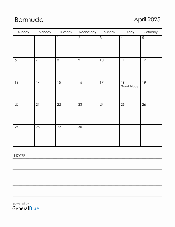 April 2025 Bermuda Calendar with Holidays (Sunday Start)