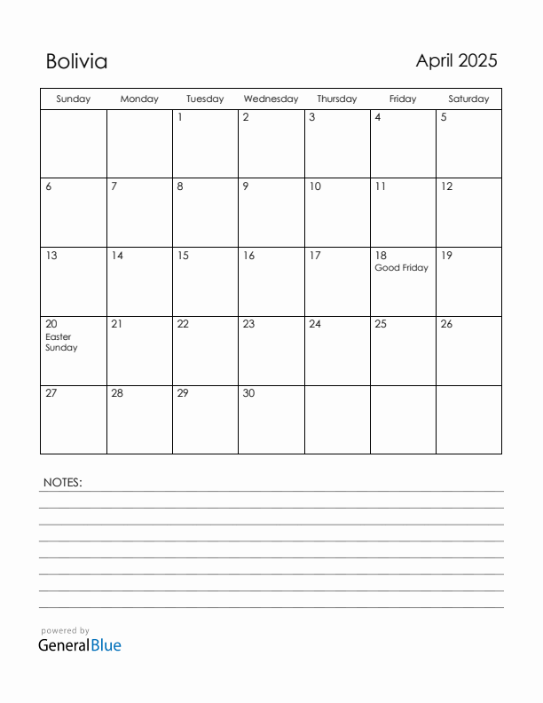 April 2025 Bolivia Calendar with Holidays (Sunday Start)