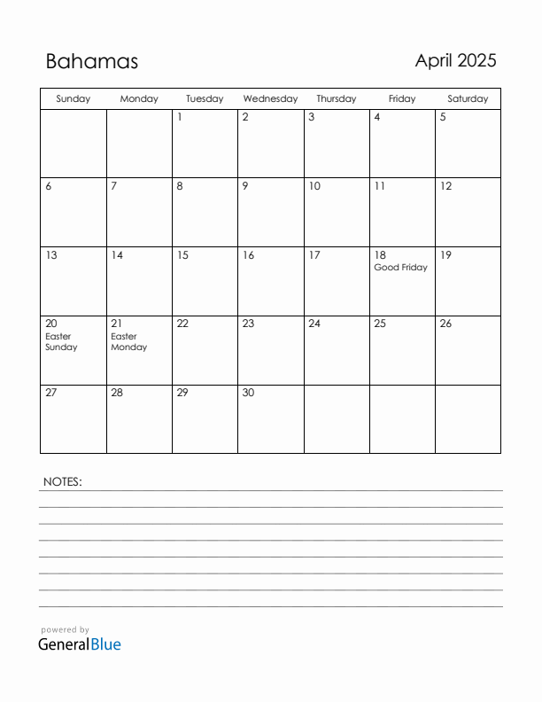 April 2025 Bahamas Calendar with Holidays (Sunday Start)