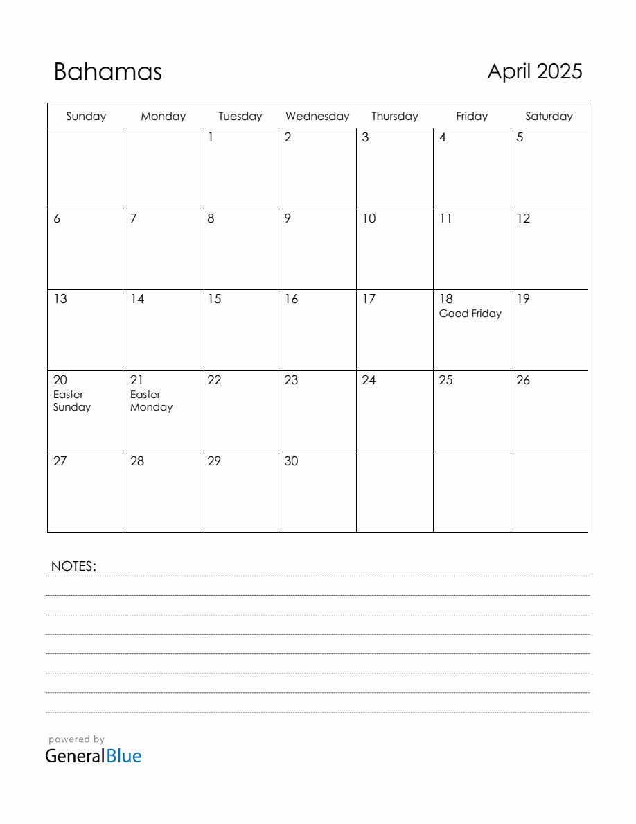 April 2025 Bahamas Calendar with Holidays