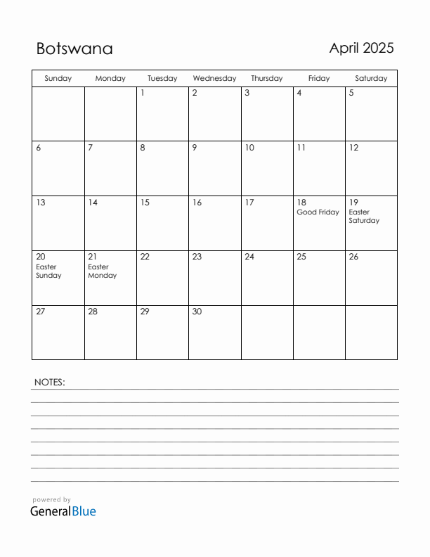 April 2025 Botswana Calendar with Holidays (Sunday Start)