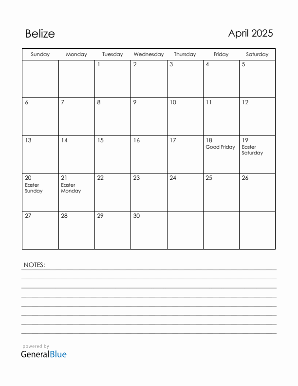 April 2025 Belize Calendar with Holidays (Sunday Start)