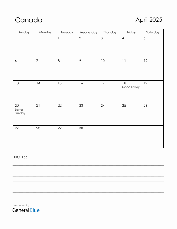 April 2025 Canada Calendar with Holidays (Sunday Start)