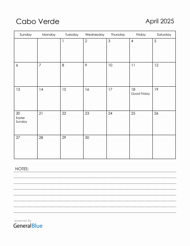 April 2025 Cabo Verde Calendar with Holidays (Sunday Start)
