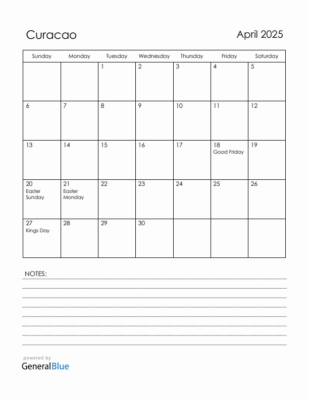 April 2025 Curacao Calendar with Holidays (Sunday Start)
