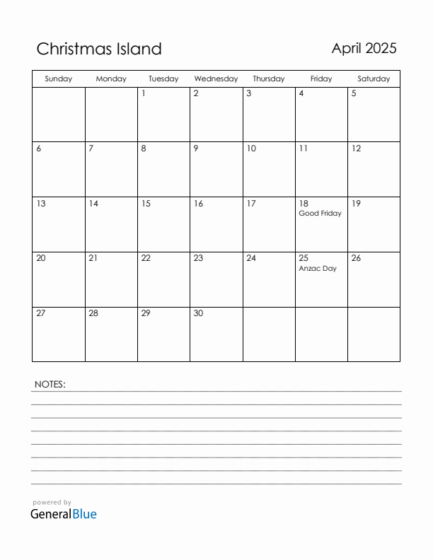 April 2025 Christmas Island Calendar with Holidays (Sunday Start)
