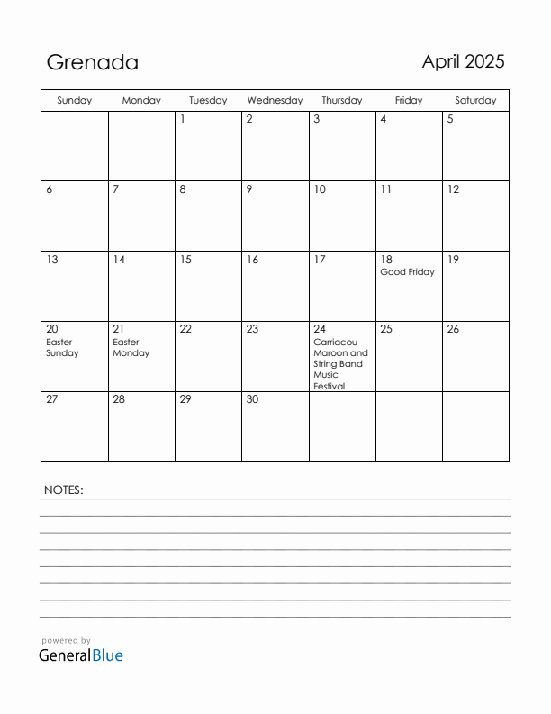 April 2025 Grenada Calendar with Holidays (Sunday Start)