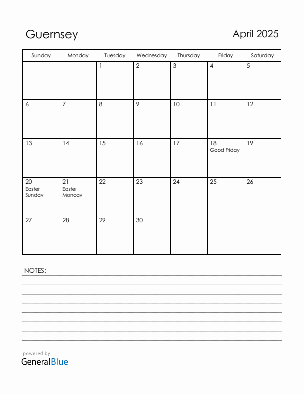 April 2025 Guernsey Calendar with Holidays (Sunday Start)