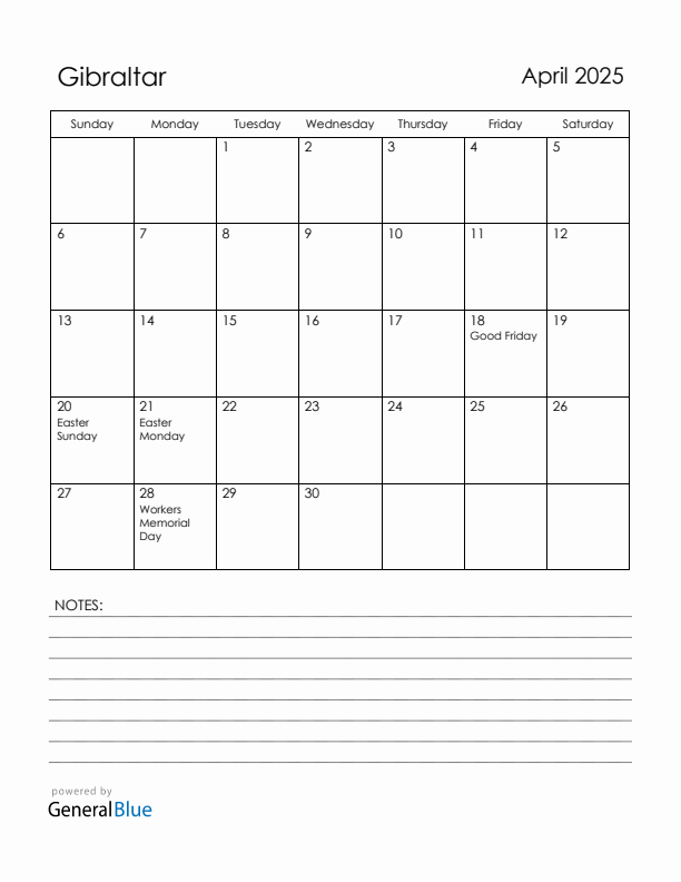 April 2025 Gibraltar Calendar with Holidays (Sunday Start)