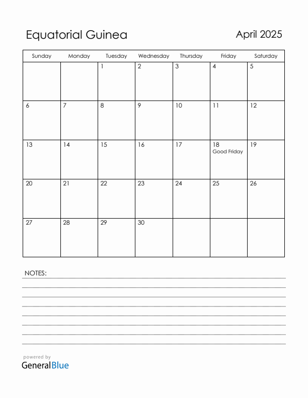 April 2025 Equatorial Guinea Calendar with Holidays (Sunday Start)