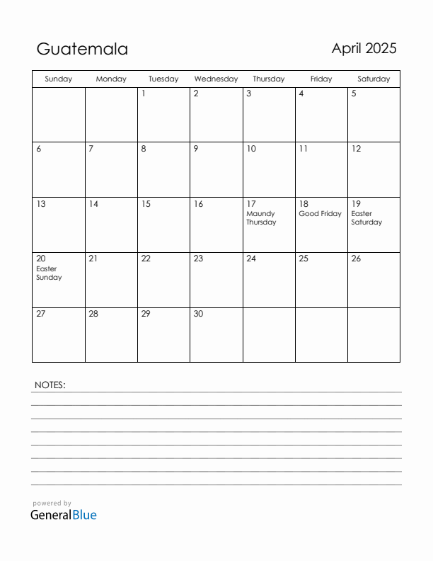 April 2025 Guatemala Calendar with Holidays (Sunday Start)