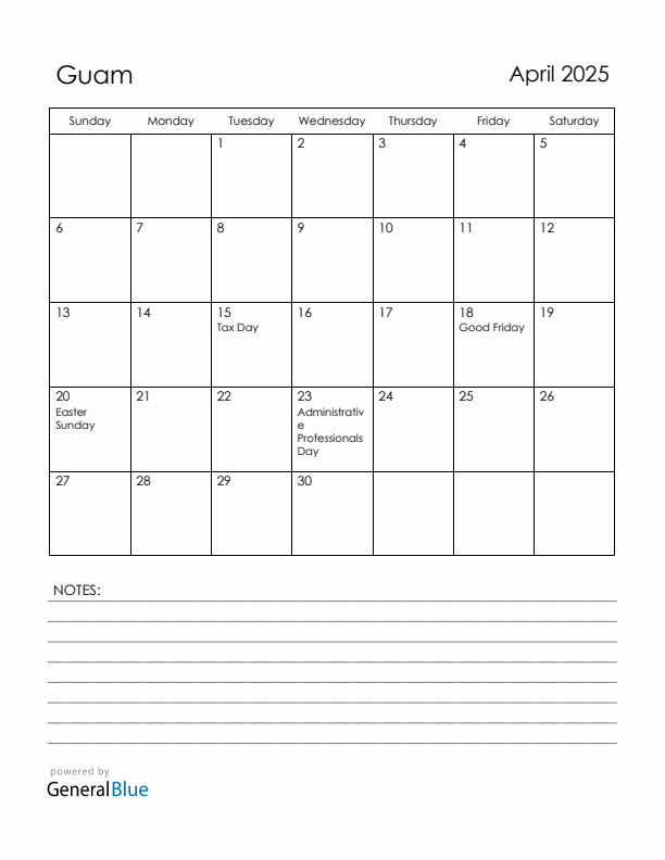 April 2025 Guam Calendar with Holidays (Sunday Start)