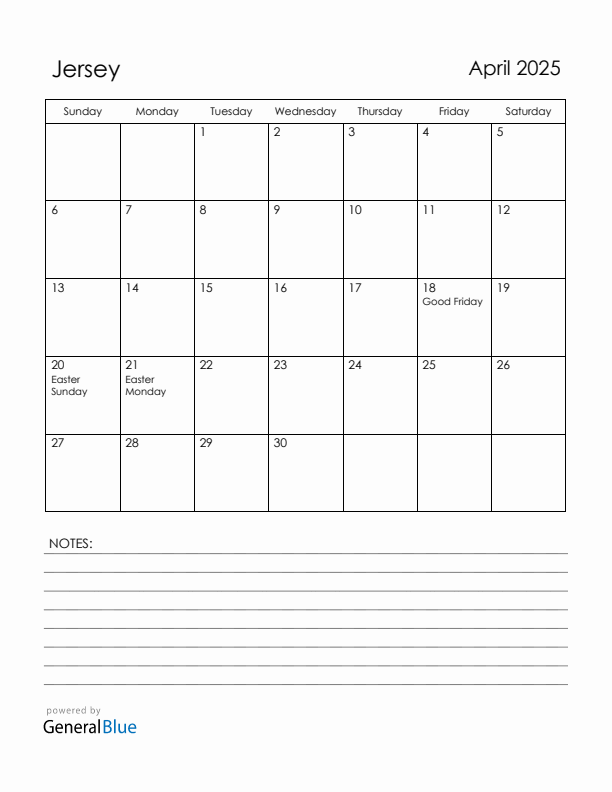 April 2025 Jersey Calendar with Holidays (Sunday Start)