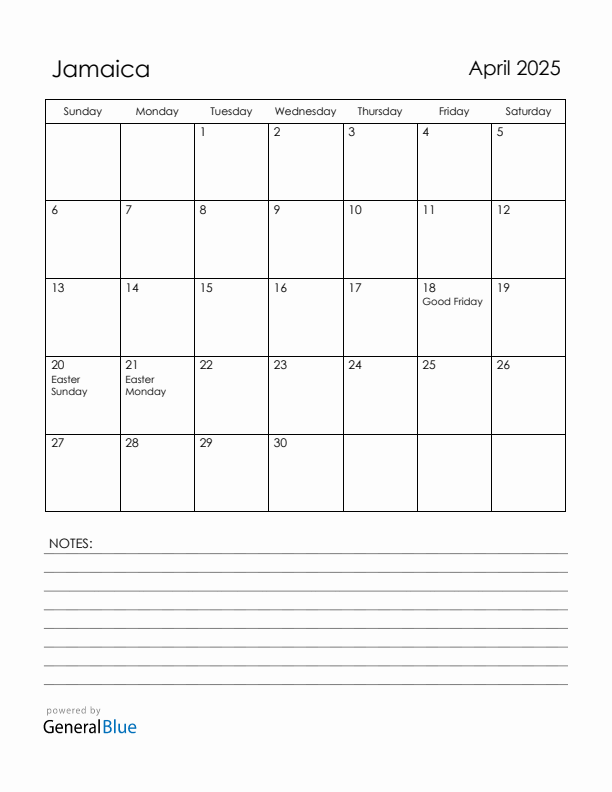 April 2025 Jamaica Calendar with Holidays (Sunday Start)