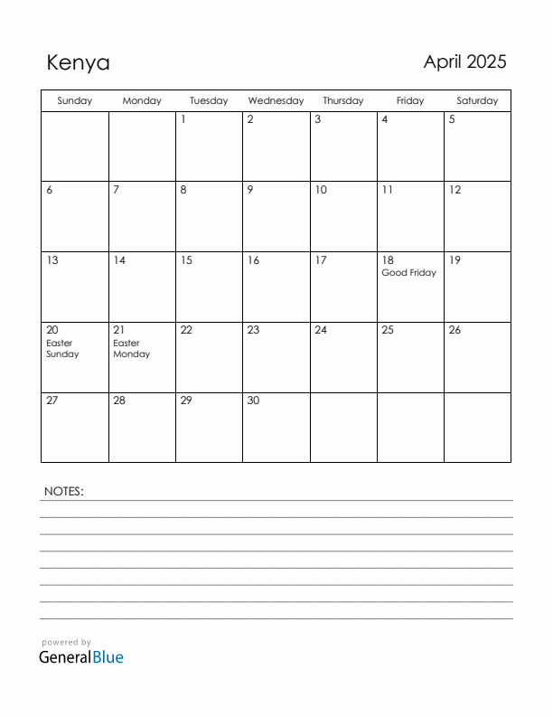 April 2025 Kenya Calendar with Holidays (Sunday Start)