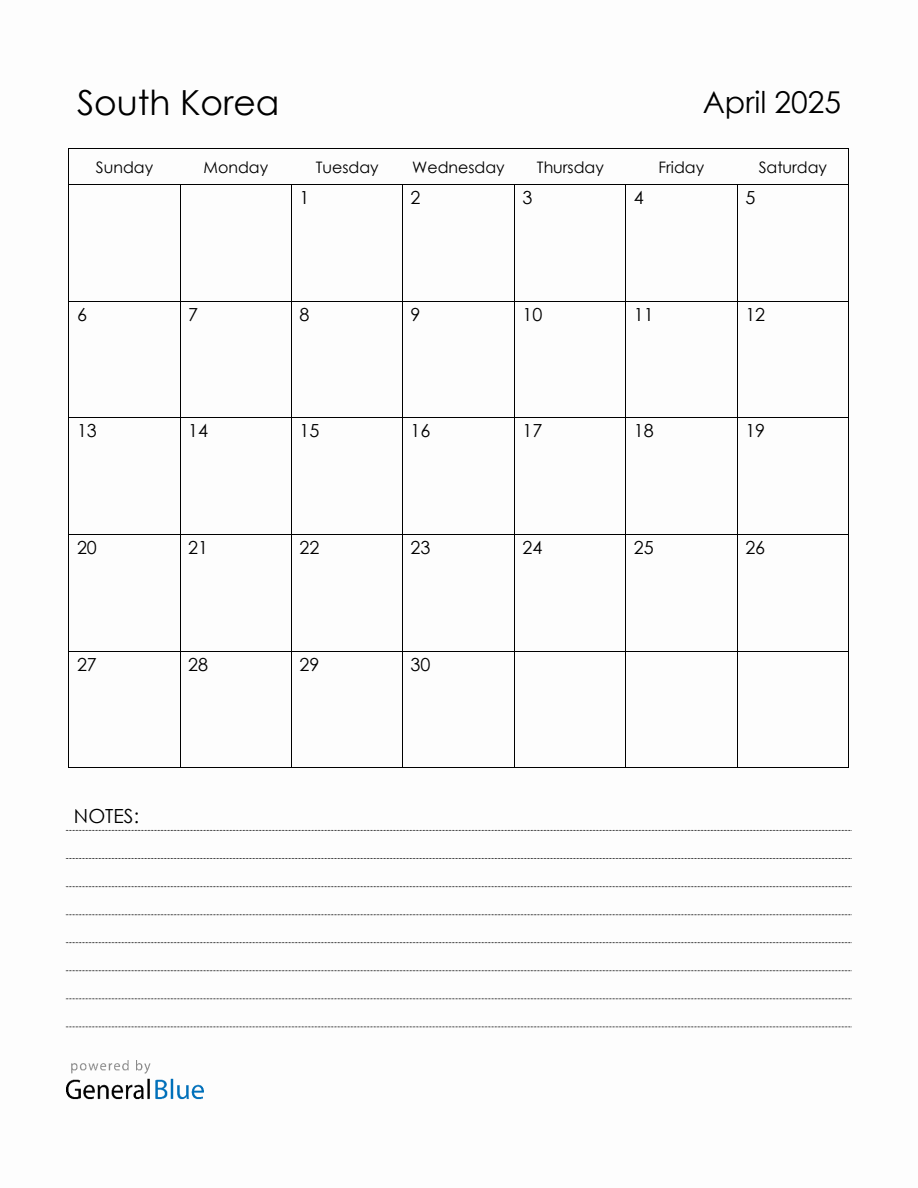 April 2025 South Korea Calendar with Holidays