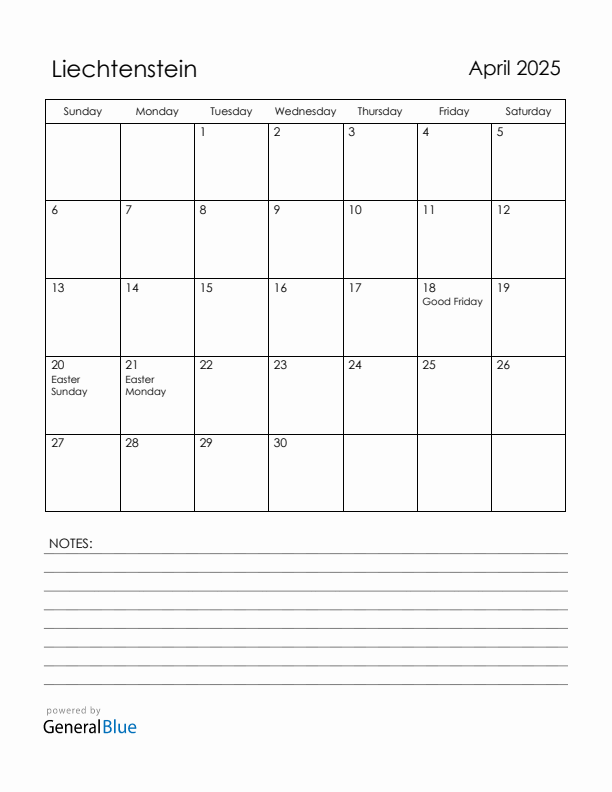 April 2025 Liechtenstein Calendar with Holidays (Sunday Start)
