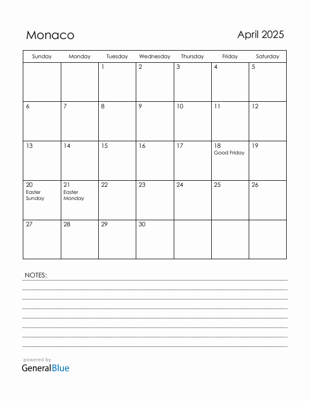 April 2025 Monaco Calendar with Holidays (Sunday Start)
