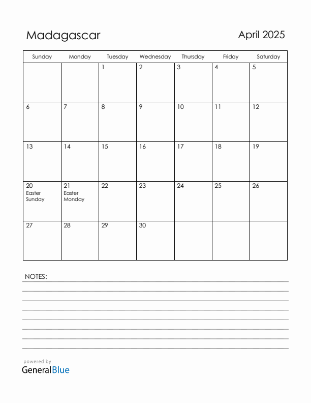 April 2025 Madagascar Calendar with Holidays (Sunday Start)