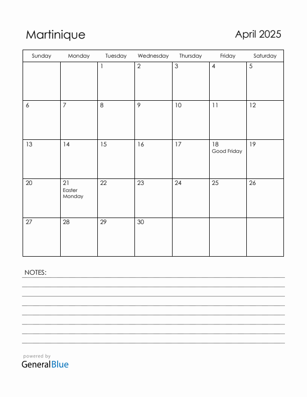 April 2025 Martinique Calendar with Holidays (Sunday Start)