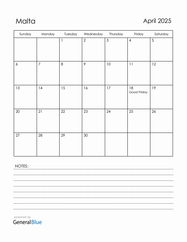 April 2025 Malta Calendar with Holidays (Sunday Start)