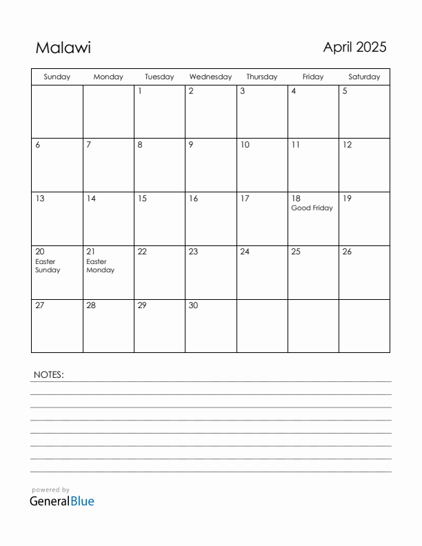 April 2025 Malawi Calendar with Holidays (Sunday Start)