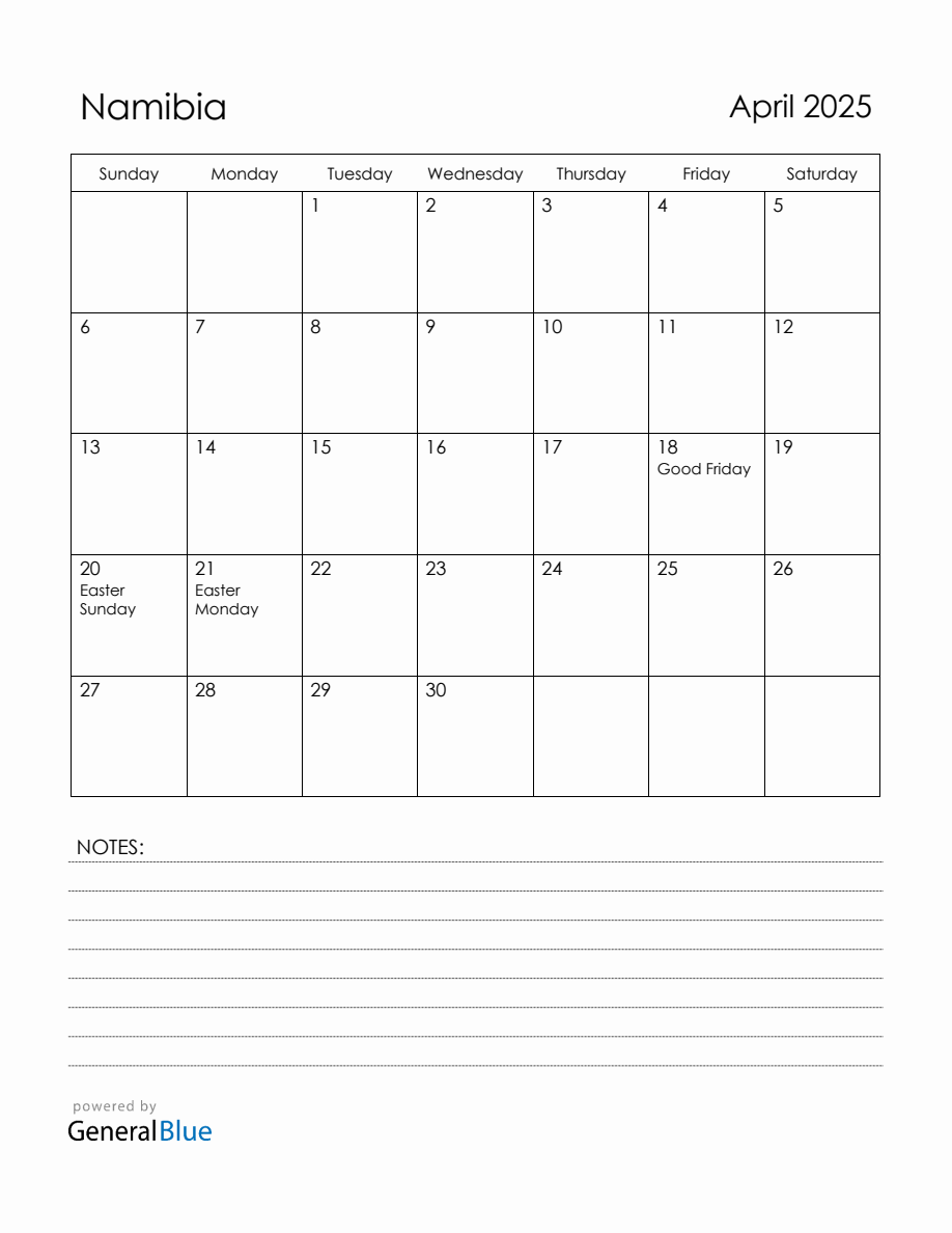 April 2025 Namibia Calendar with Holidays