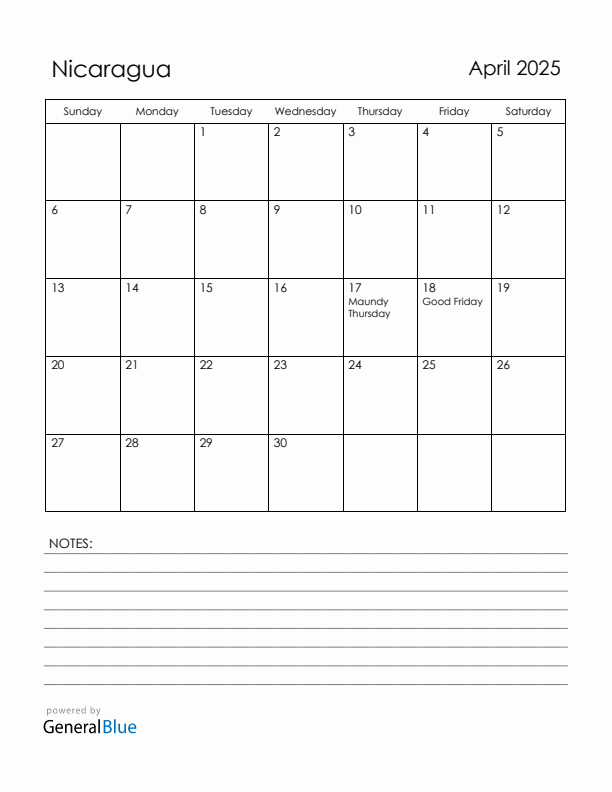 April 2025 Nicaragua Calendar with Holidays (Sunday Start)