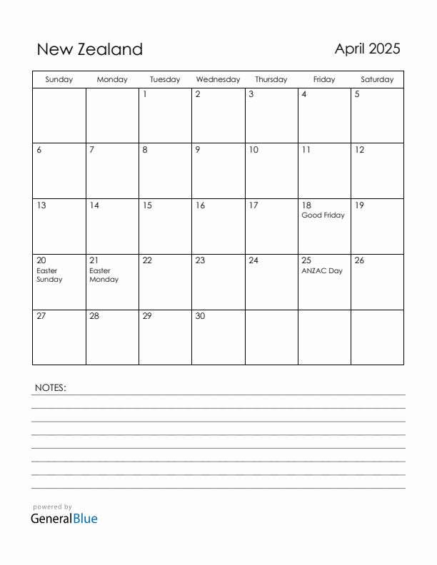 April 2025 New Zealand Calendar with Holidays (Sunday Start)