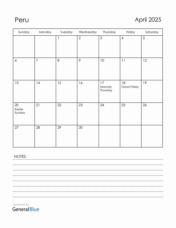 April 2025 Peru Calendar with Holidays (Sunday Start)