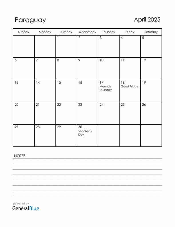April 2025 Paraguay Calendar with Holidays (Sunday Start)