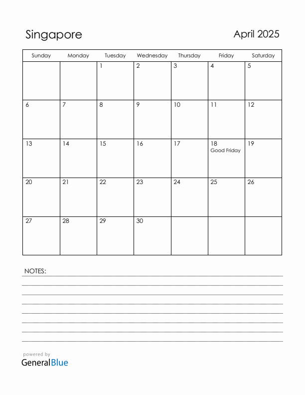 April 2025 Singapore Calendar with Holidays (Sunday Start)