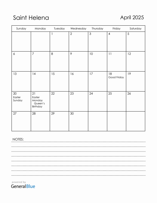 April 2025 Saint Helena Calendar with Holidays (Sunday Start)