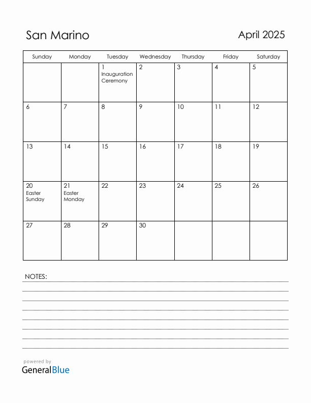 April 2025 San Marino Calendar with Holidays (Sunday Start)