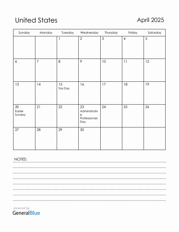 April 2025 United States Calendar with Holidays (Sunday Start)
