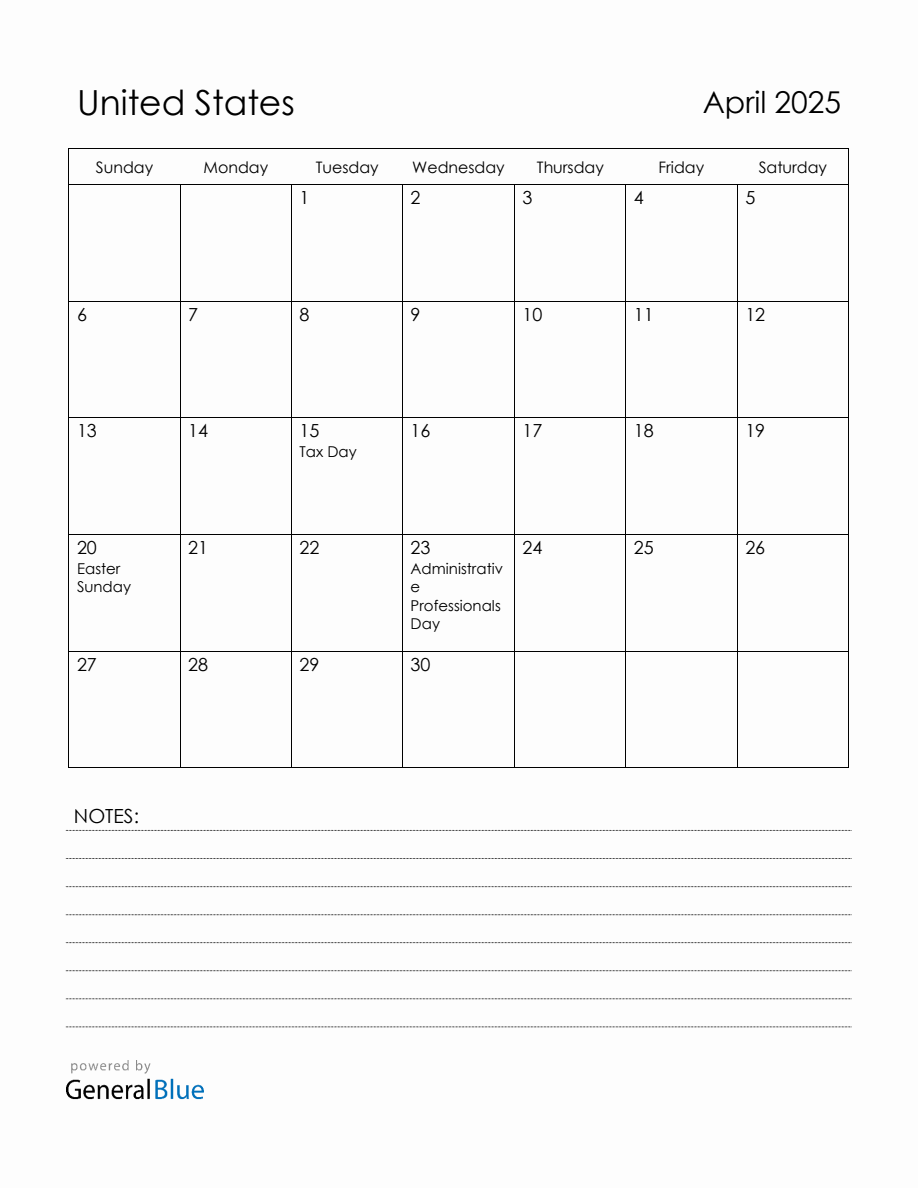 April 2025 United States Calendar with Holidays